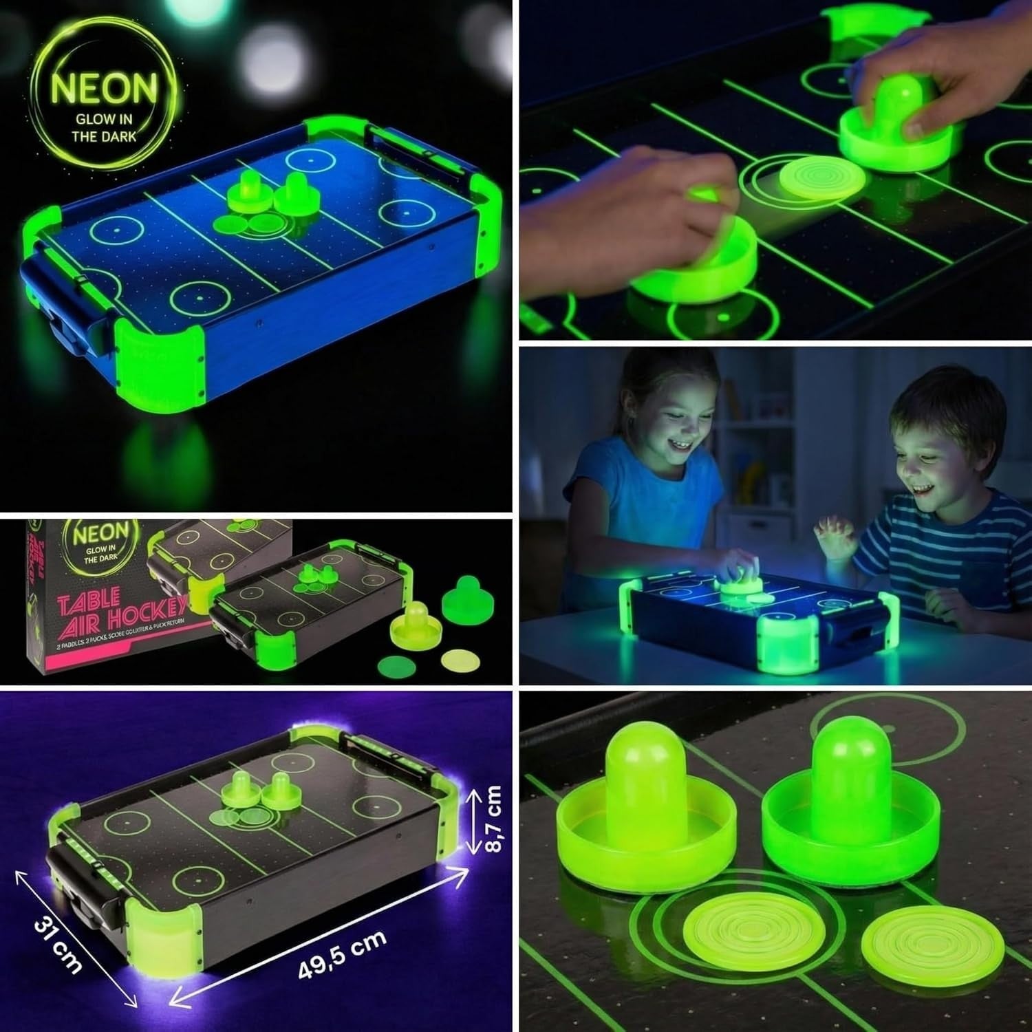 Glow in the Dark Tabletop Air Hockey Game Neon Arcade Fun