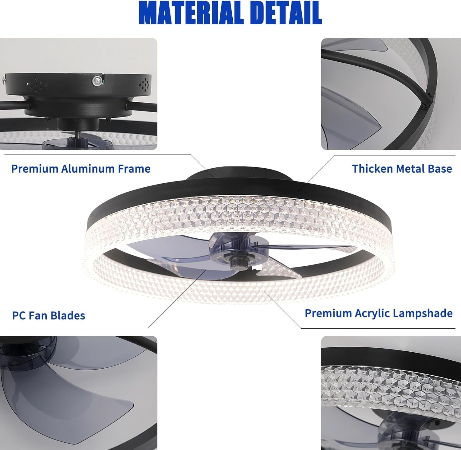 ZYDTRIP 19.7" Bladeless Ceiling Fan with LED Light, 6-Speed, Dimmable, Remote