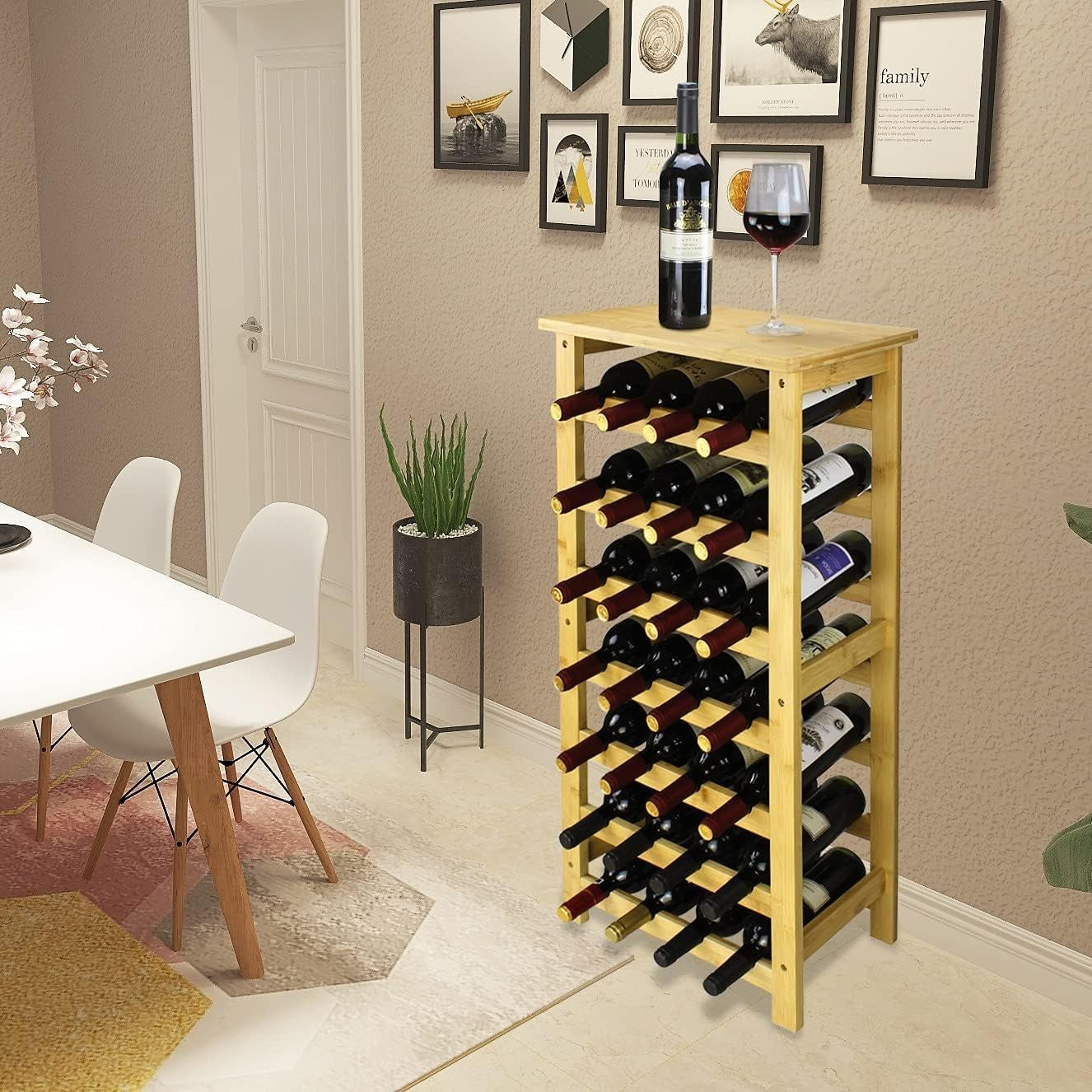 28 Bottle Bamboo Wine Rack Freestanding 7 Tier Storage Shelf with Table Top