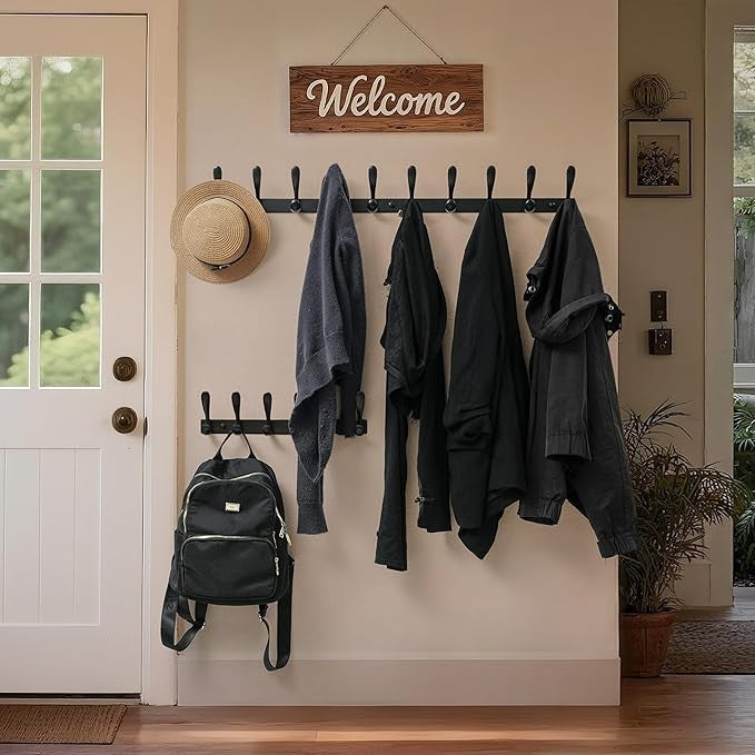 Black Wall Mounted Coat Rack 2 Pack 94cm | 10 Heavy Duty Metal Double Hooks
