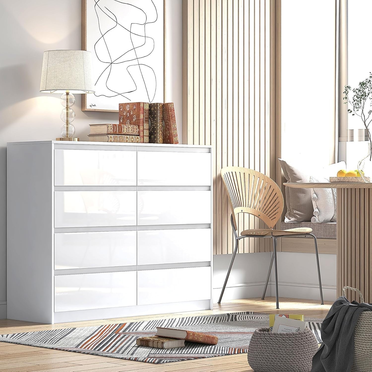 High Gloss 8 Drawer Chest | Modern Handleless Bedroom Storage | White Buffet