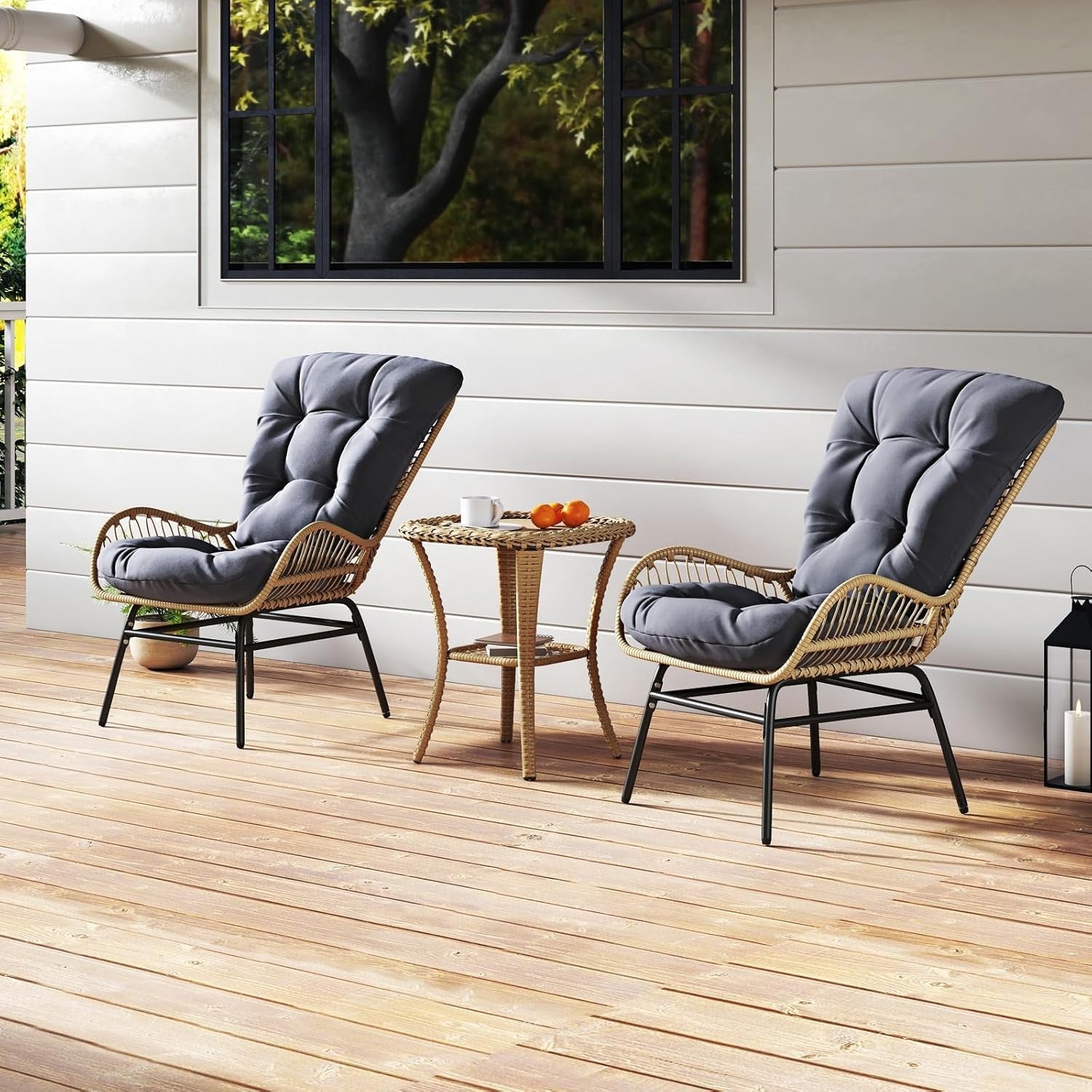 Cushioned Rattan Garden Armchair Lounge Seat Metal Frame Patio Balcony