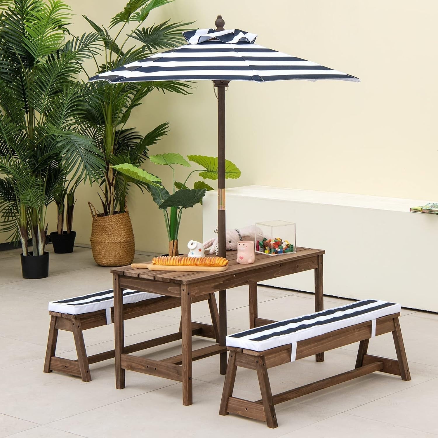 Kids Wooden Picnic Table Bench Set w/ Cushions & Foldable Umbrella Outdoor Blue