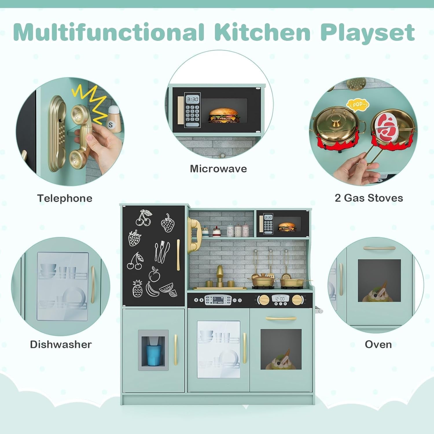 Wooden Kids Play Kitchen Green w/ Chalkboard Ice Maker Microwave