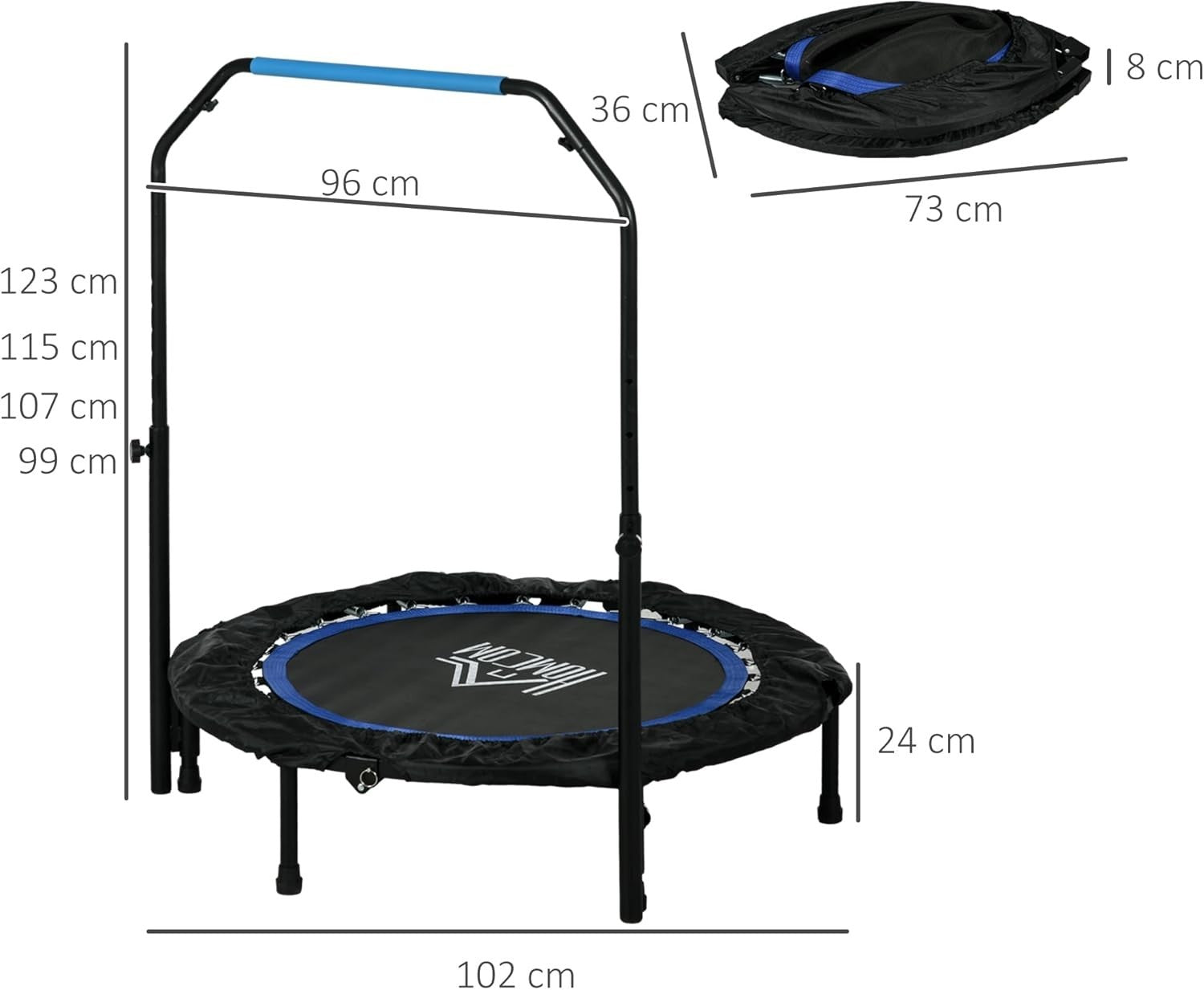 40in Foldable Fitness Rebounder Adjustable Handle Indoor Cardio 150KG