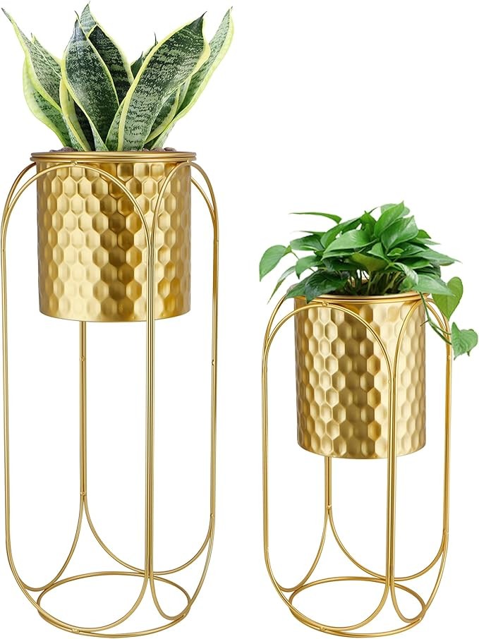 Set of 2 Gold Metal Planters with Stand Indoor Outdoor Modern Tall Plant Pots