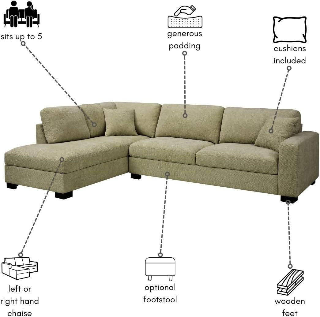 Sage Green Chenille Corner Sofa Left Hand – 5 Seater with Footstool Option