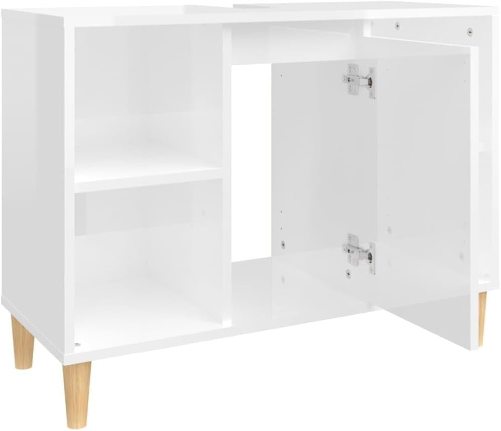High Gloss White Bathroom Vanity Cabinet with Door & Shelves | Modern Under Sink