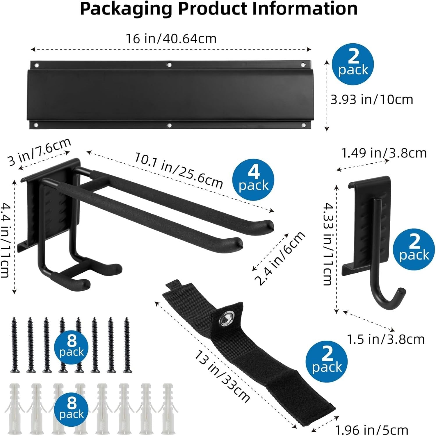 Garage Tool Rack Wall Mounted 6 Adjustable Hooks Heavy Duty Steel Black