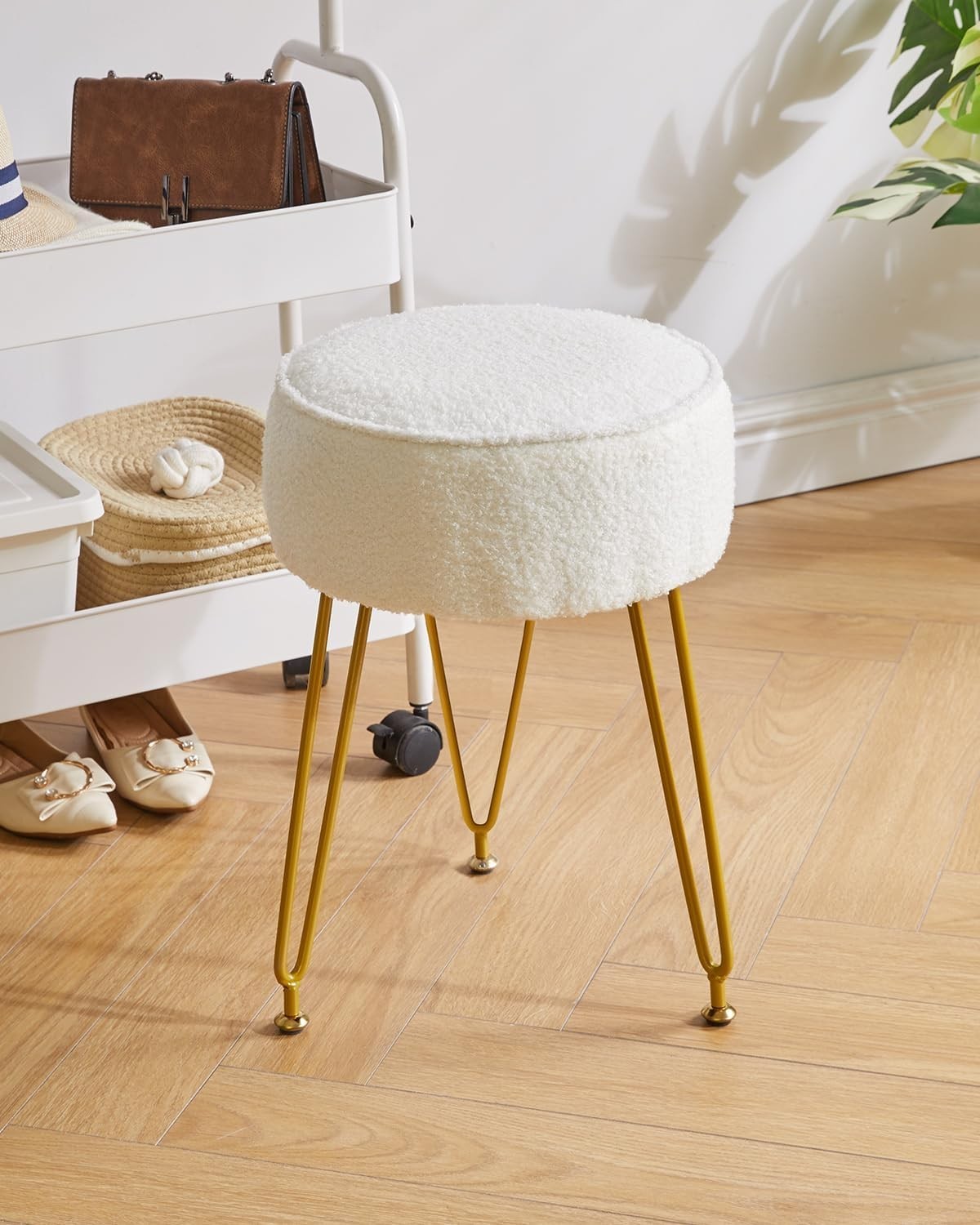 Creamy-White Velvet Round Footrest Ottoman – Vanity Stool with Steel Legs