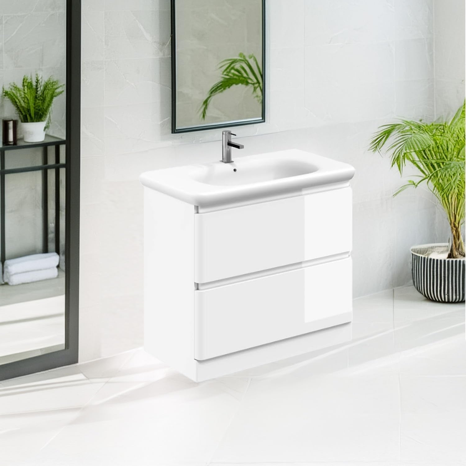 900mm Gloss White Vanity Unit with Basin Floor Standing Bathroom Cabinet