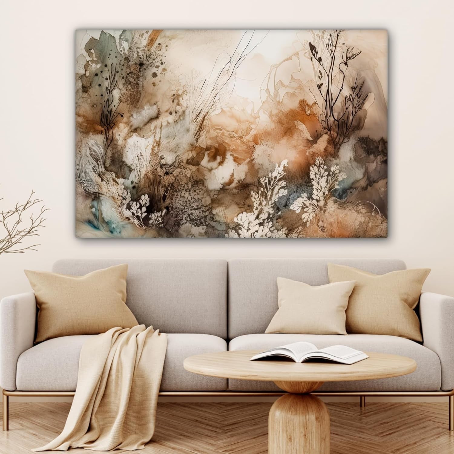 Large Abstract Floral Canvas Wall Art 120x80cm Beige Modern Living Room