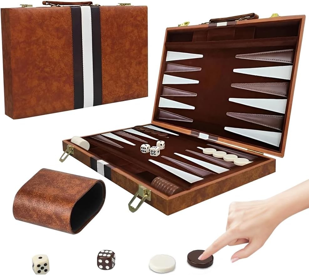 11 Inch Backgammon Set Leather Case Portable Travel Board Game Dice Cups
