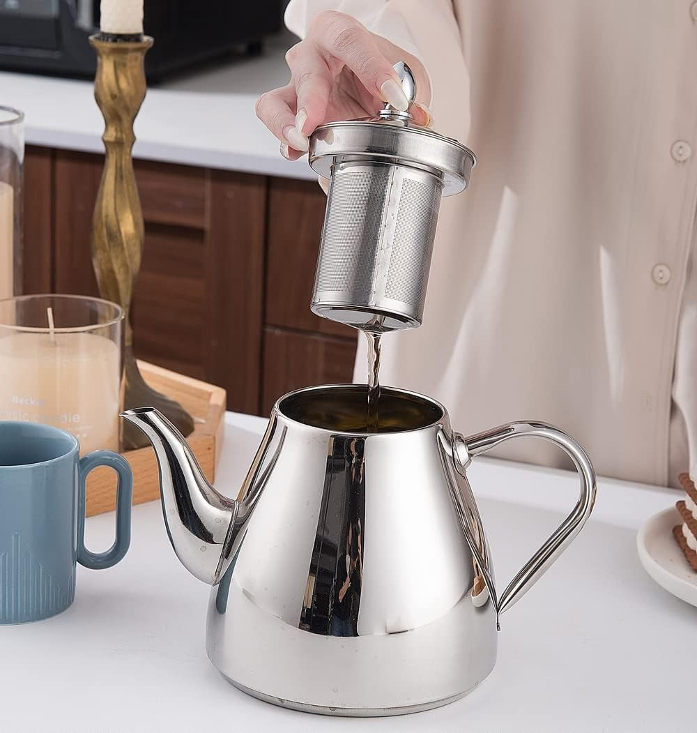 Stainless Steel Teapot 42oz 1.2L Tea Pot w Infuser Strainer Silver