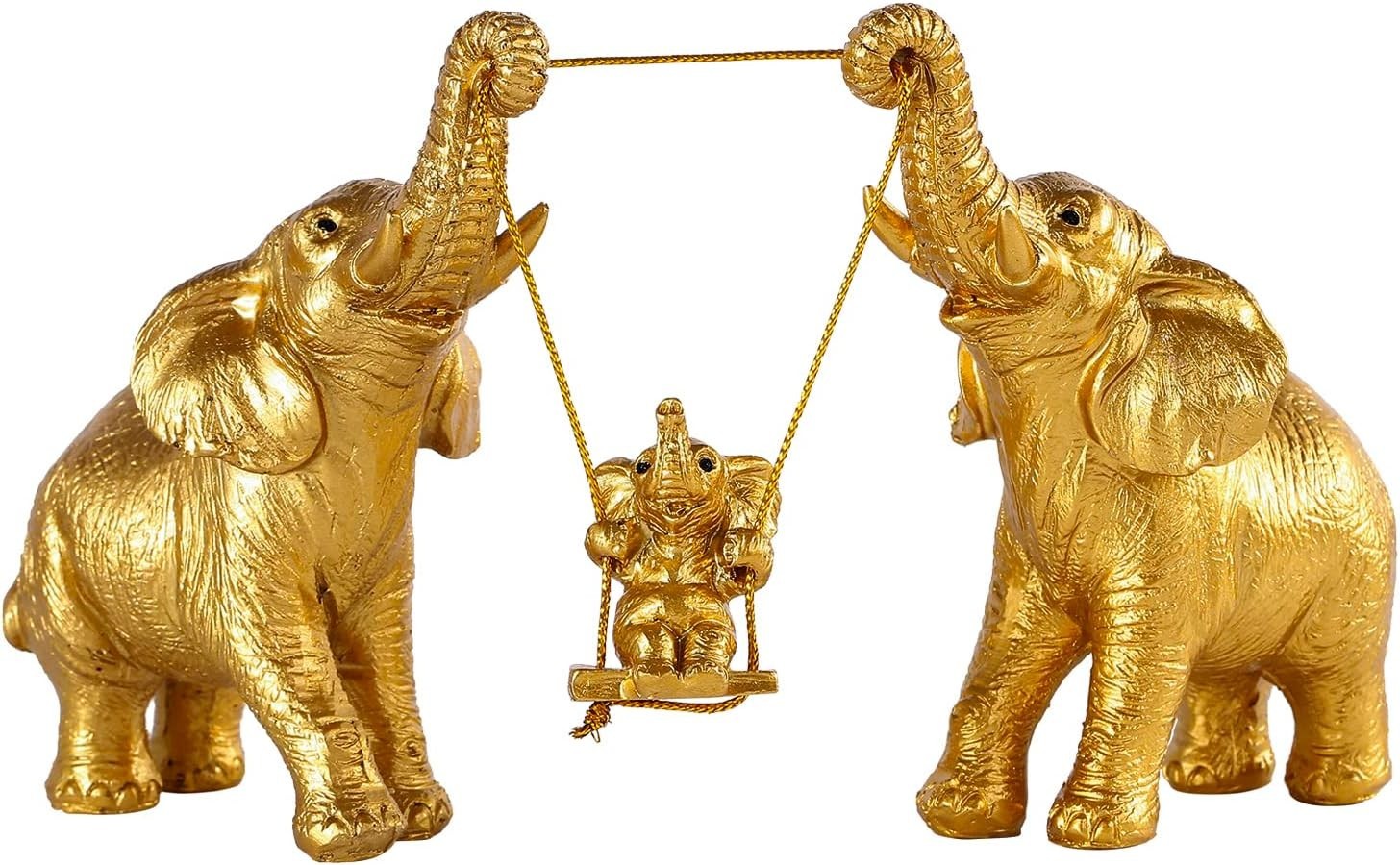 Gold Elephant Figurine Set Good Luck Resin Home Decor Centerpiece Gift