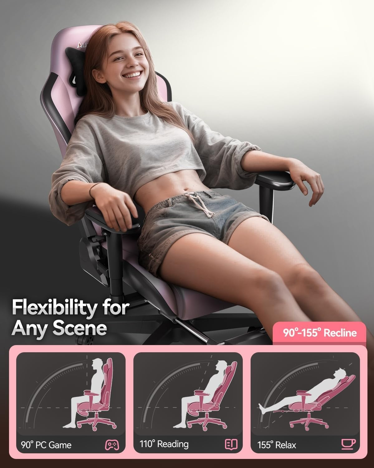 Ergonomic Gaming Chair PU Leather Recliner 3D Lumbar Footrest Pink