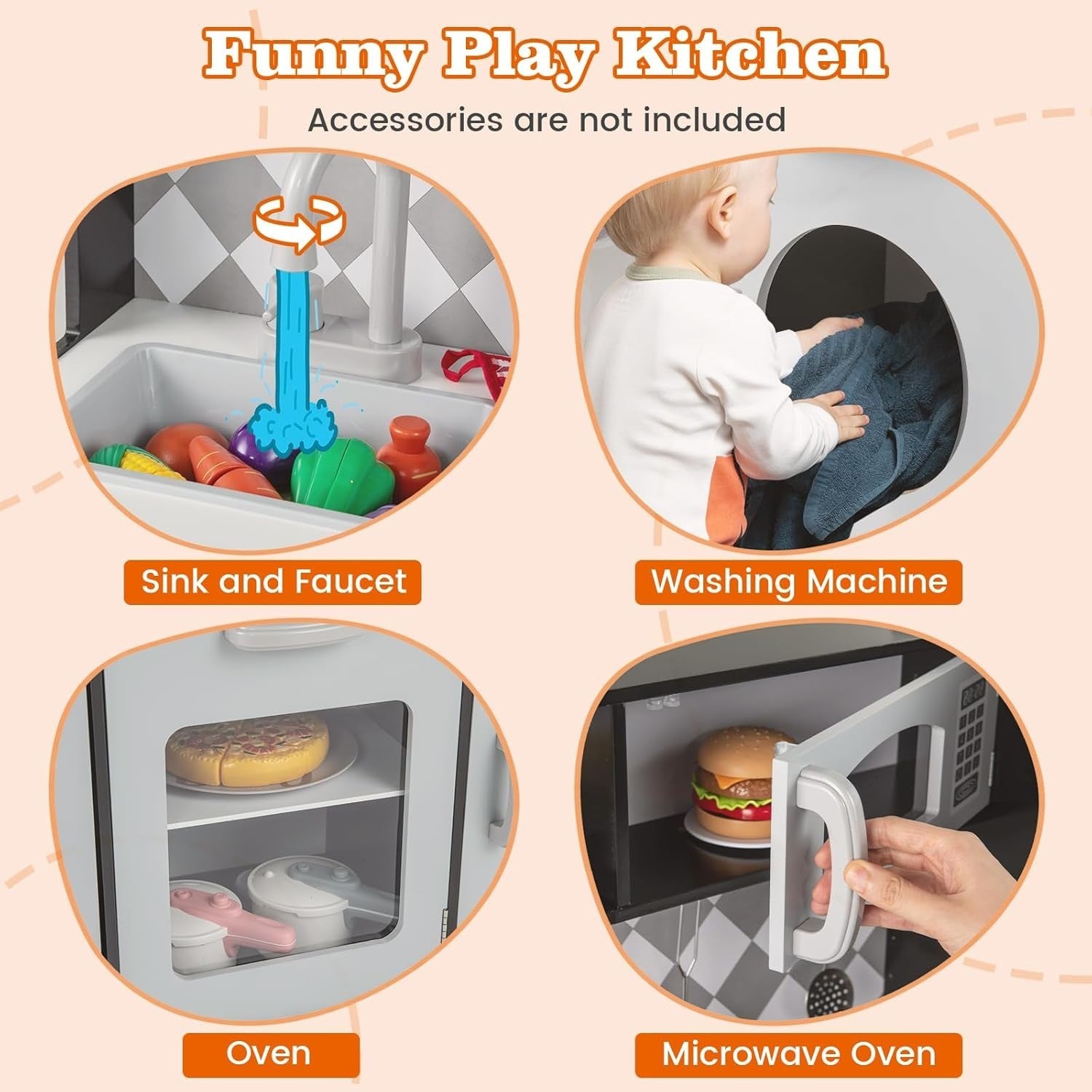 Large Wooden Kids Play Kitchen Grey Black Lights Sounds Toy Set