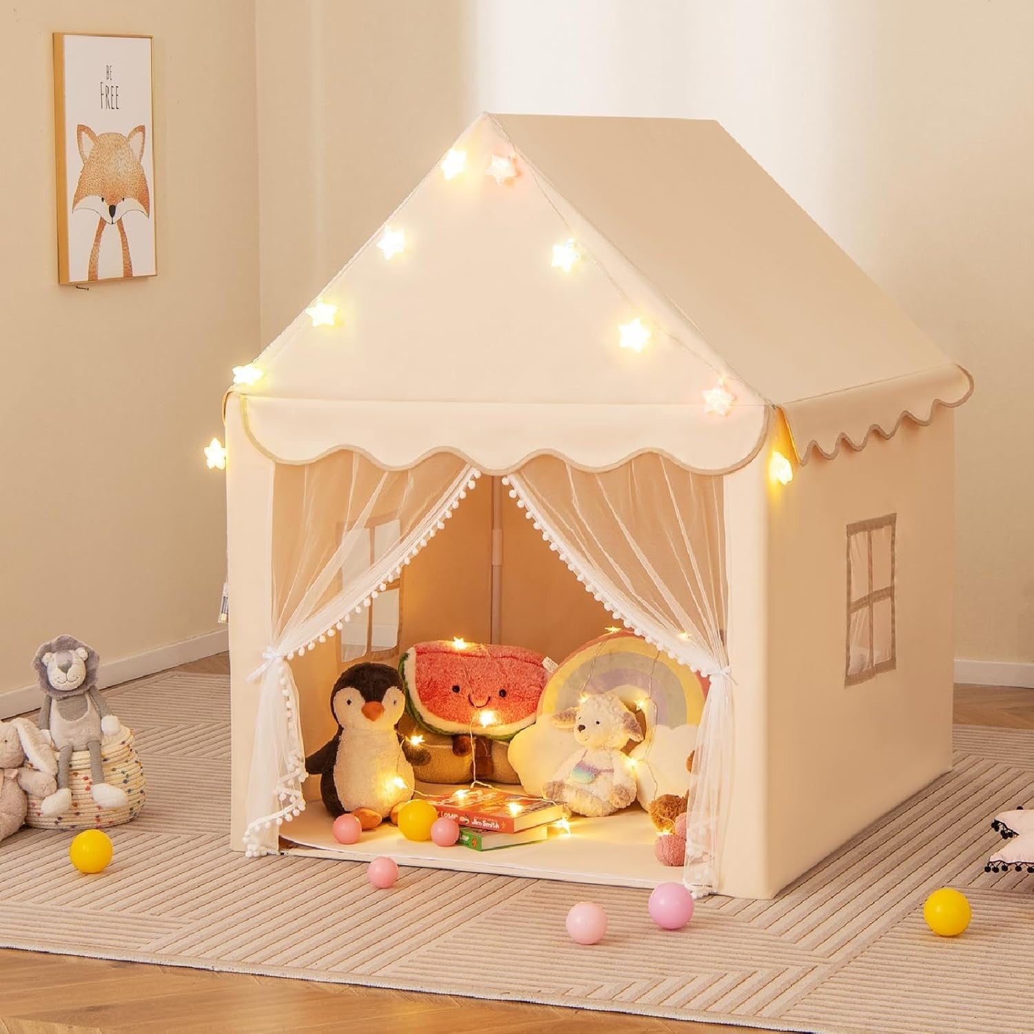 Beige Kids Fairy Castle Play Tent With Star Lights Washable Mat