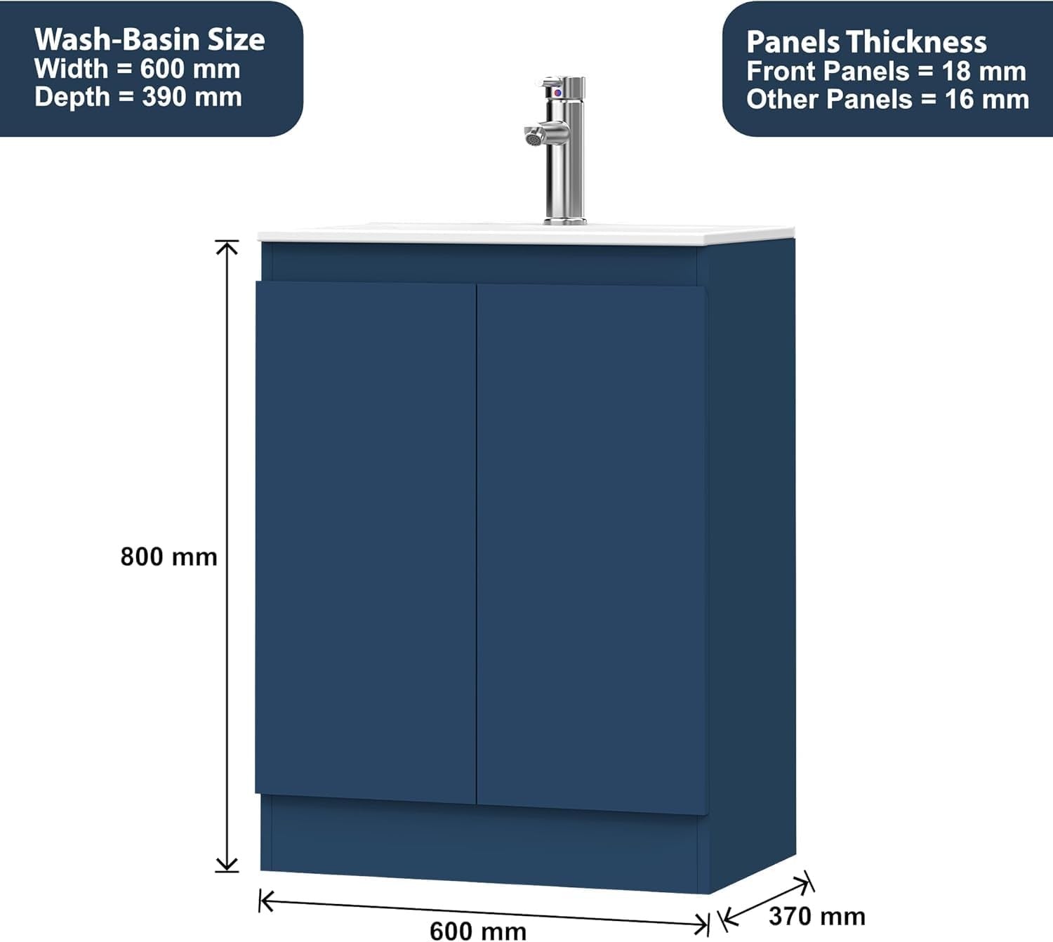 Blue 600mm Under Sink Bathroom Vanity Unit with Basin Trap Waste Cupboard
