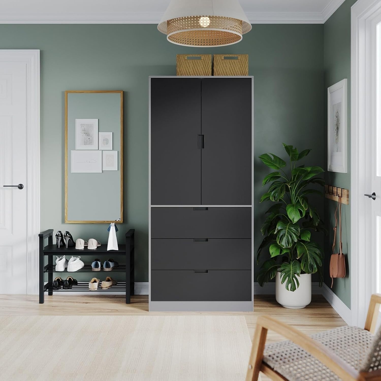 Tall Black 2 Door Wardrobe with Drawers & Rail Modern Bedroom Storage