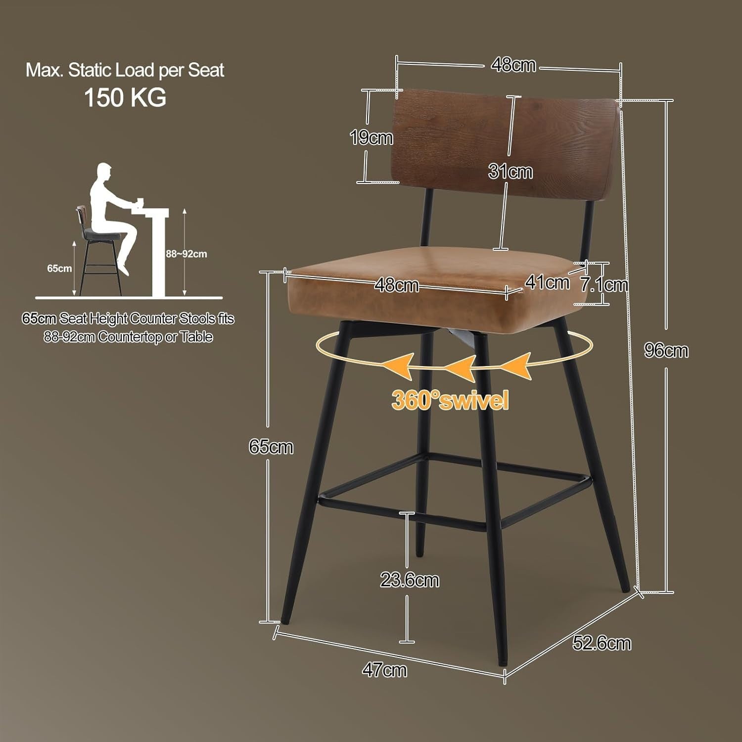 Swivel Bar Stools Set of 4 | PU Leather Counter Chairs Wood Back