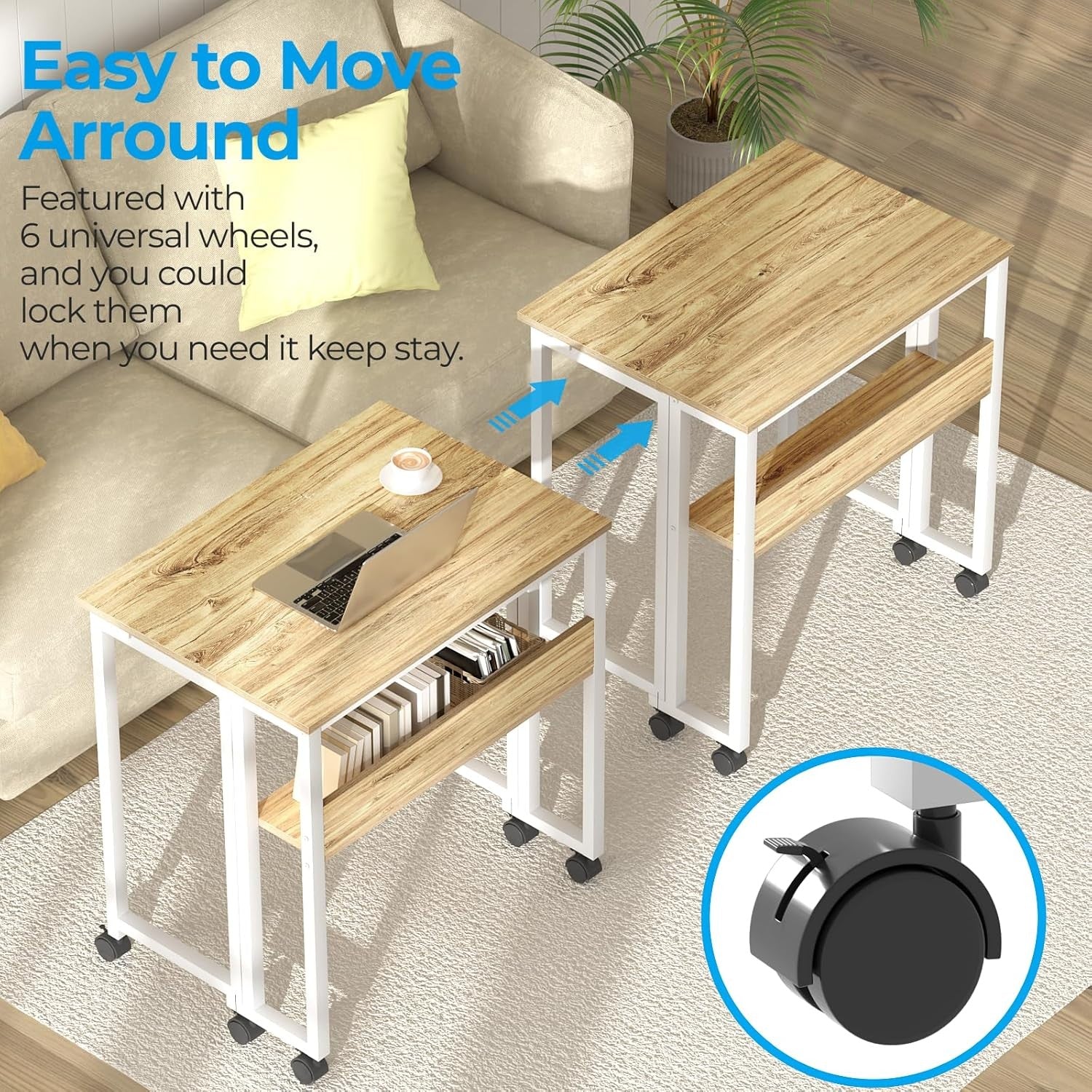 Folding Computer Desk on Wheels with Storage Shelf Space Saving 80x50cm