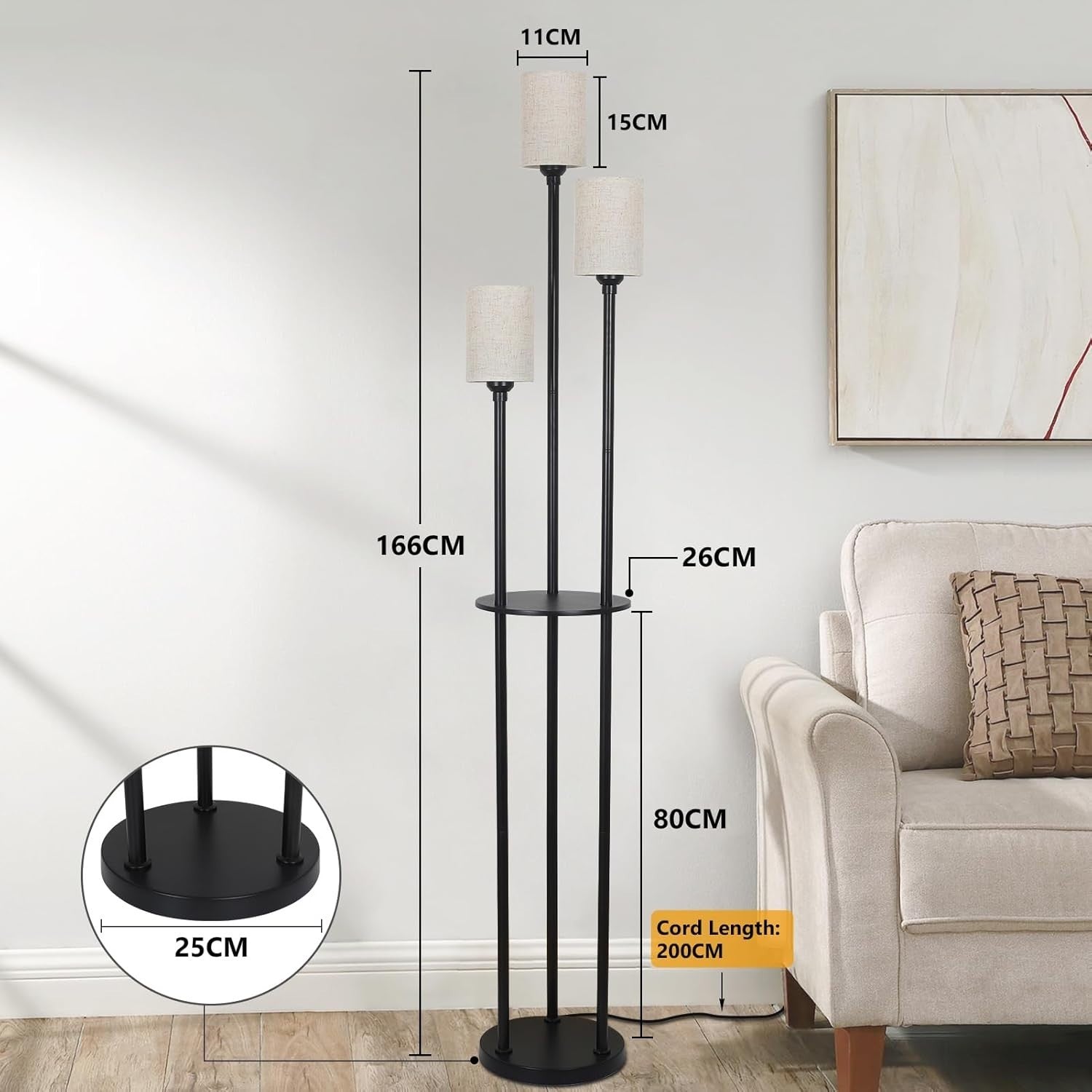 Modern 3-Light Floor Lamp with Shelves, Linen Shades & Foot Switch, 79" Tall