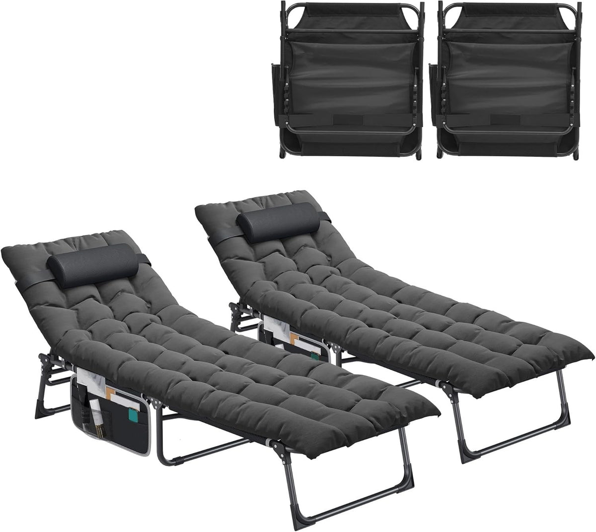 2x Folding Reclining Sun Lounger Set Cushioned 5-Position Garden Chairs