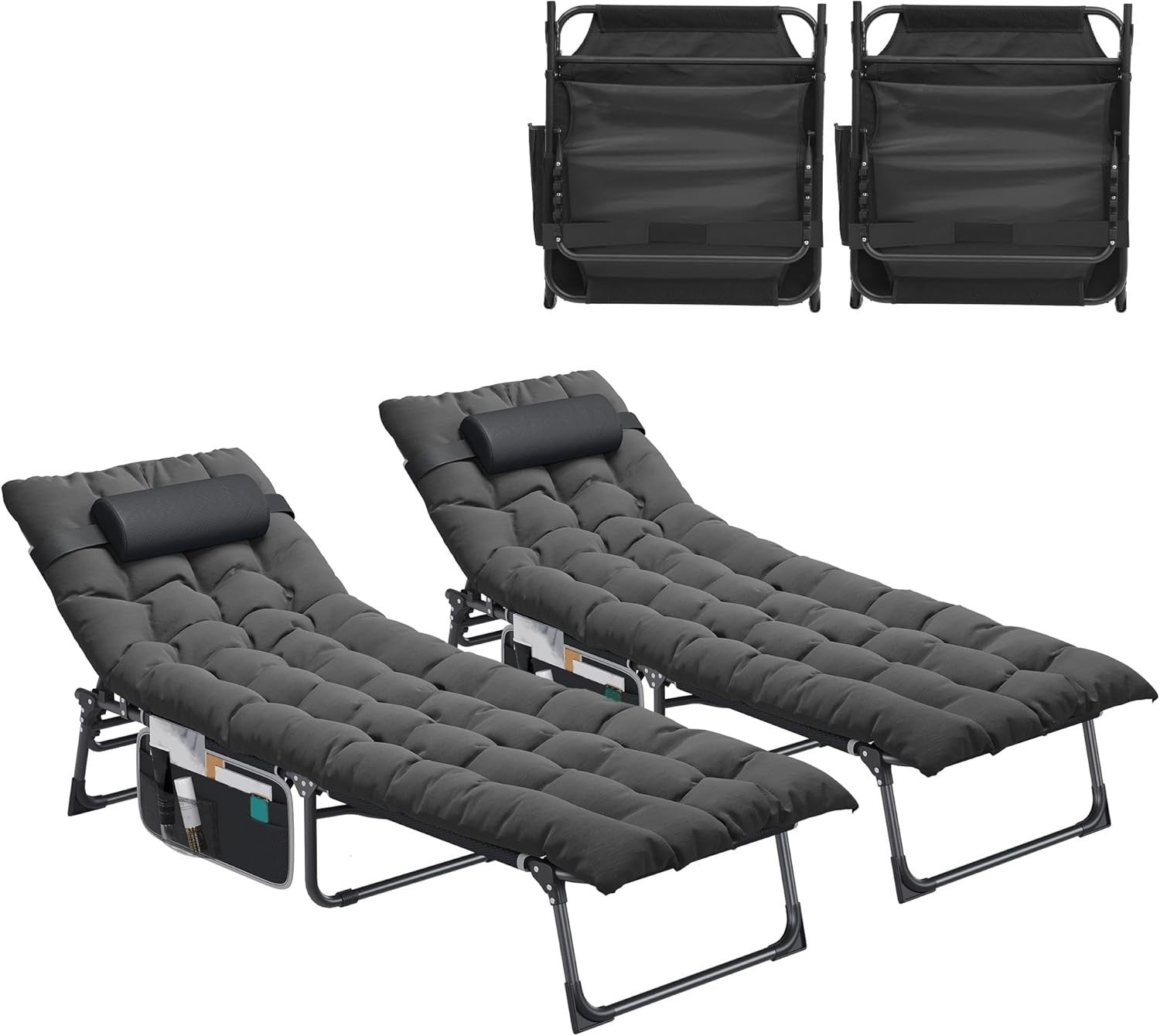 2x Folding Reclining Sun Lounger Set Cushioned 5-Position Garden Chairs