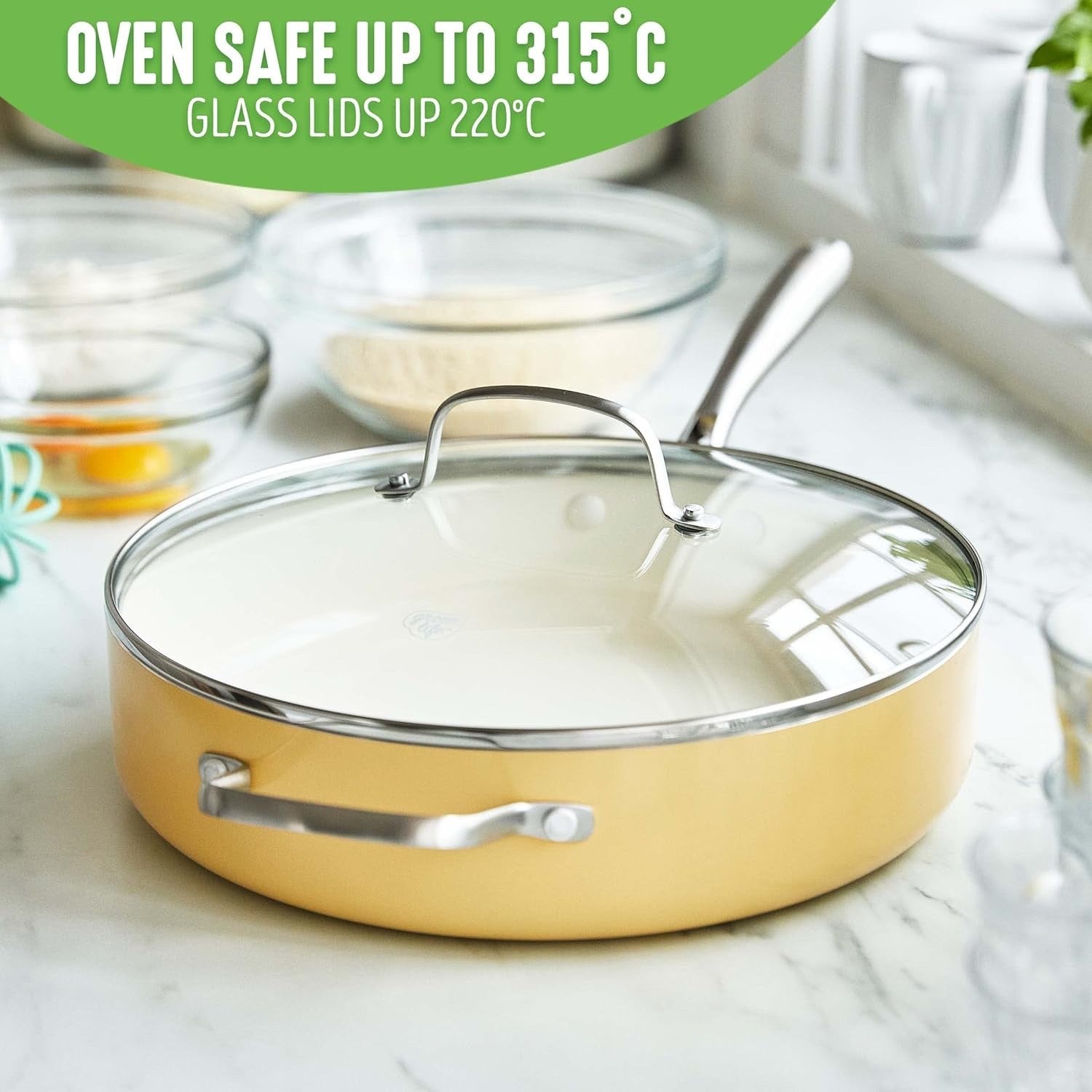 30cm Yellow Ceramic Saute Pan Non Stick 4.8L With Lid Induction PFAS Free