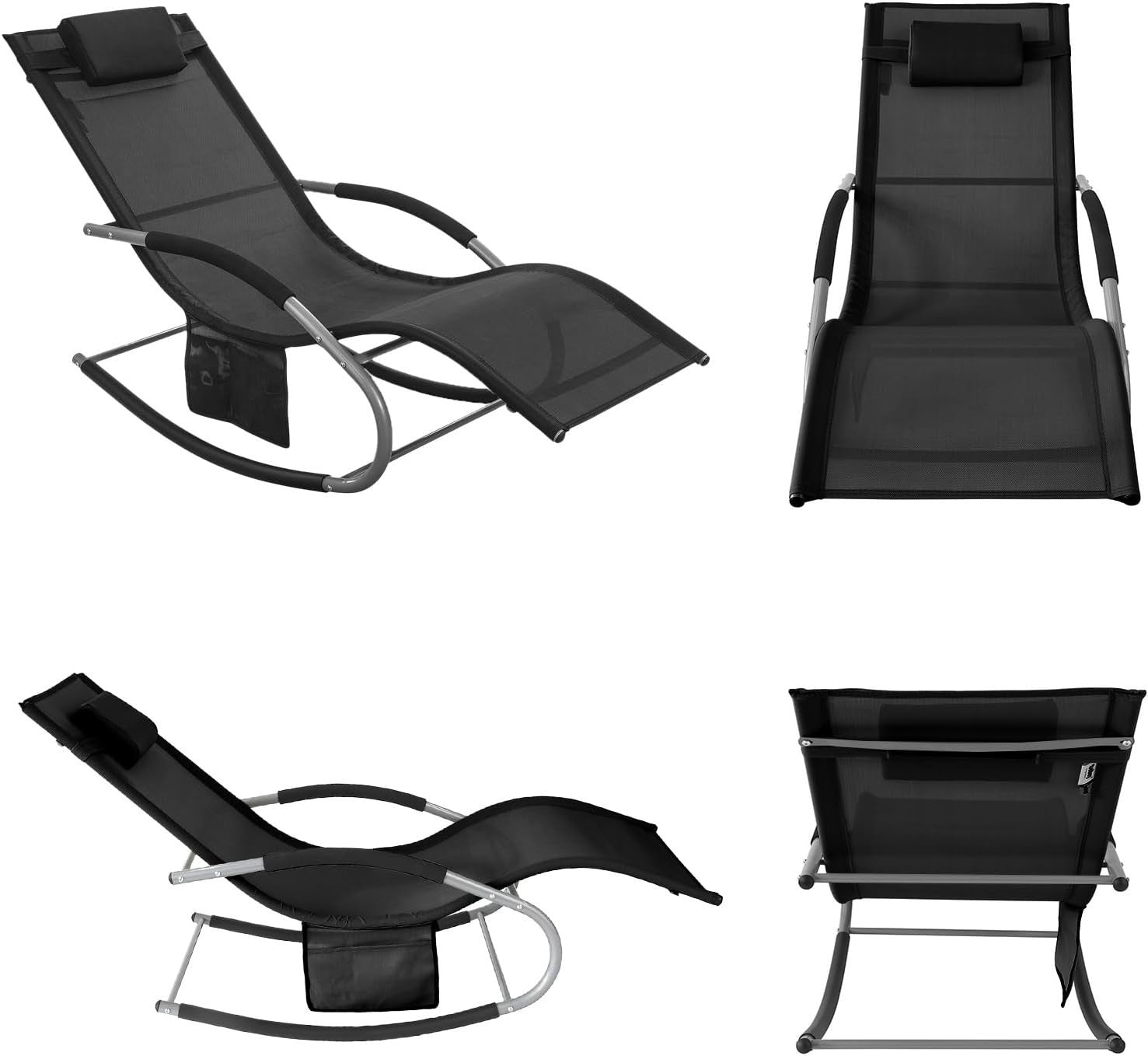 Outdoor Reclining Sun Lounger Chair with Cushioned Headrest & Side Pocket  Black