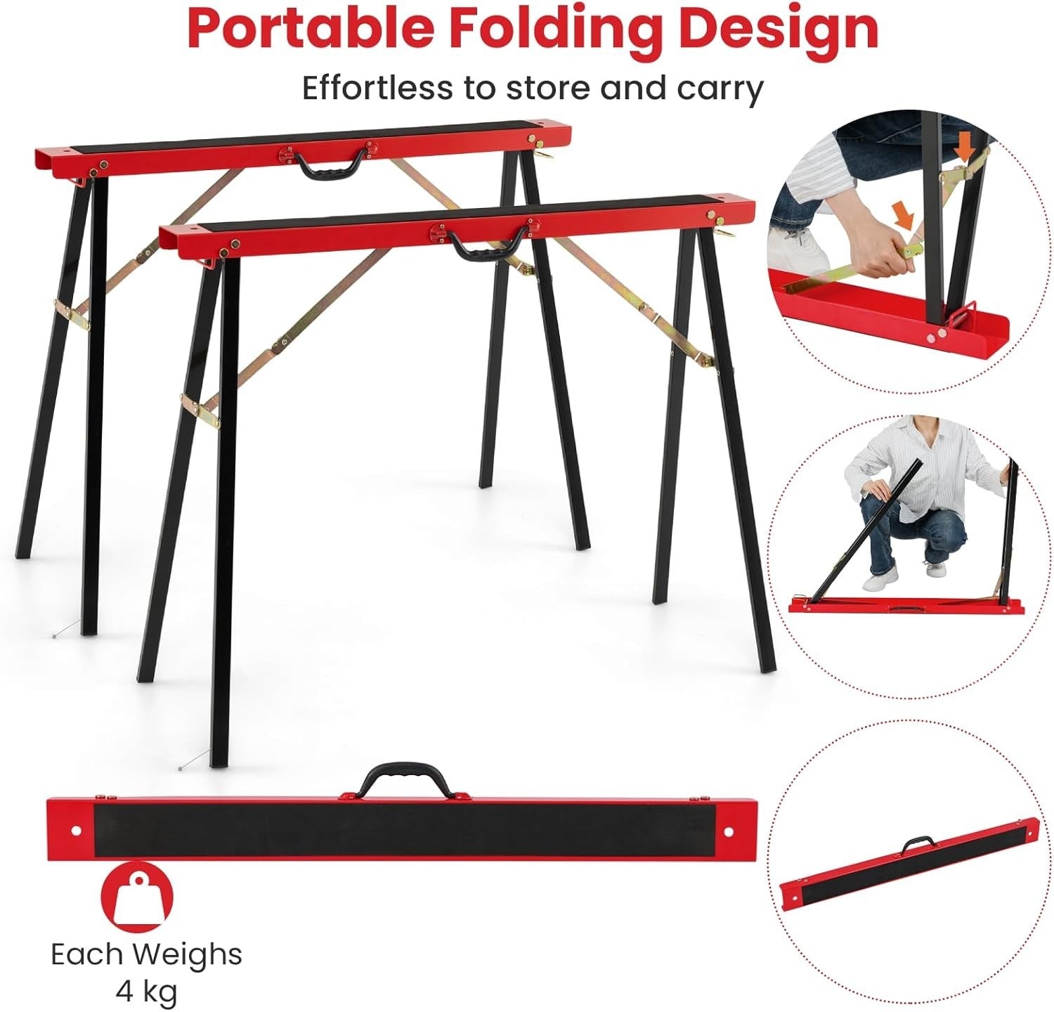Folding Saw Horses 375kg Pair Heavy Duty Galvanized Metal Stands Non-Slip Red
