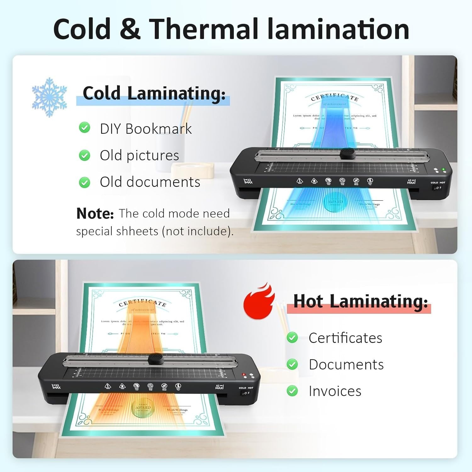A3 Laminator Machine Hot Cold 5-in-1 Fast Warm Up Anti Jam + 30 Sheets