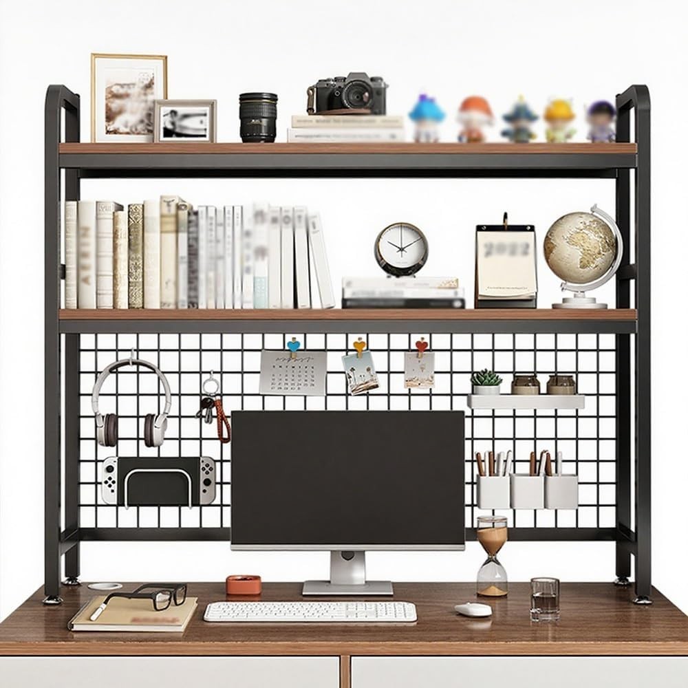 2-Tier Desktop Hutch Bookshelf Organizer w/ Grid Panel | Black Wood Metal 115cm