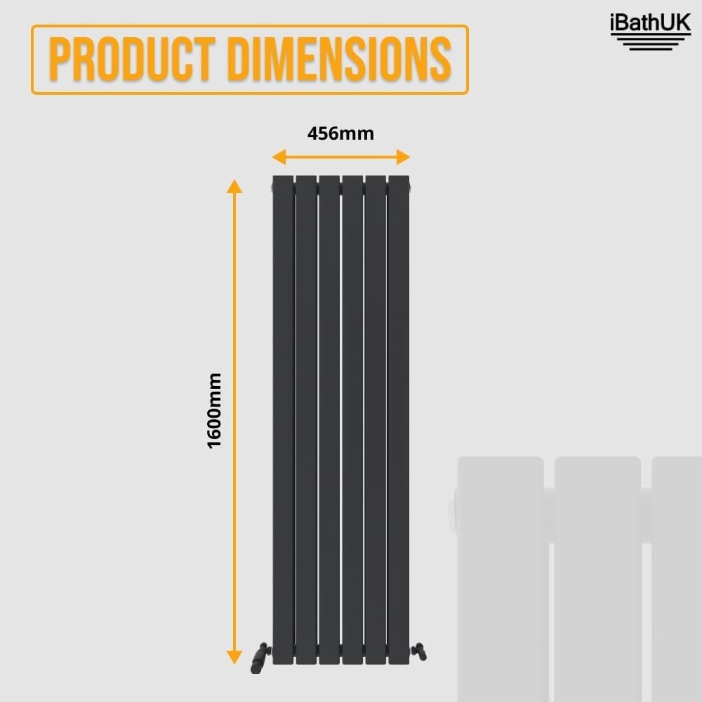 Slim Vertical Anthracite Radiator | Double Panel | 1600x456mm | Bathroom/Kitchen
