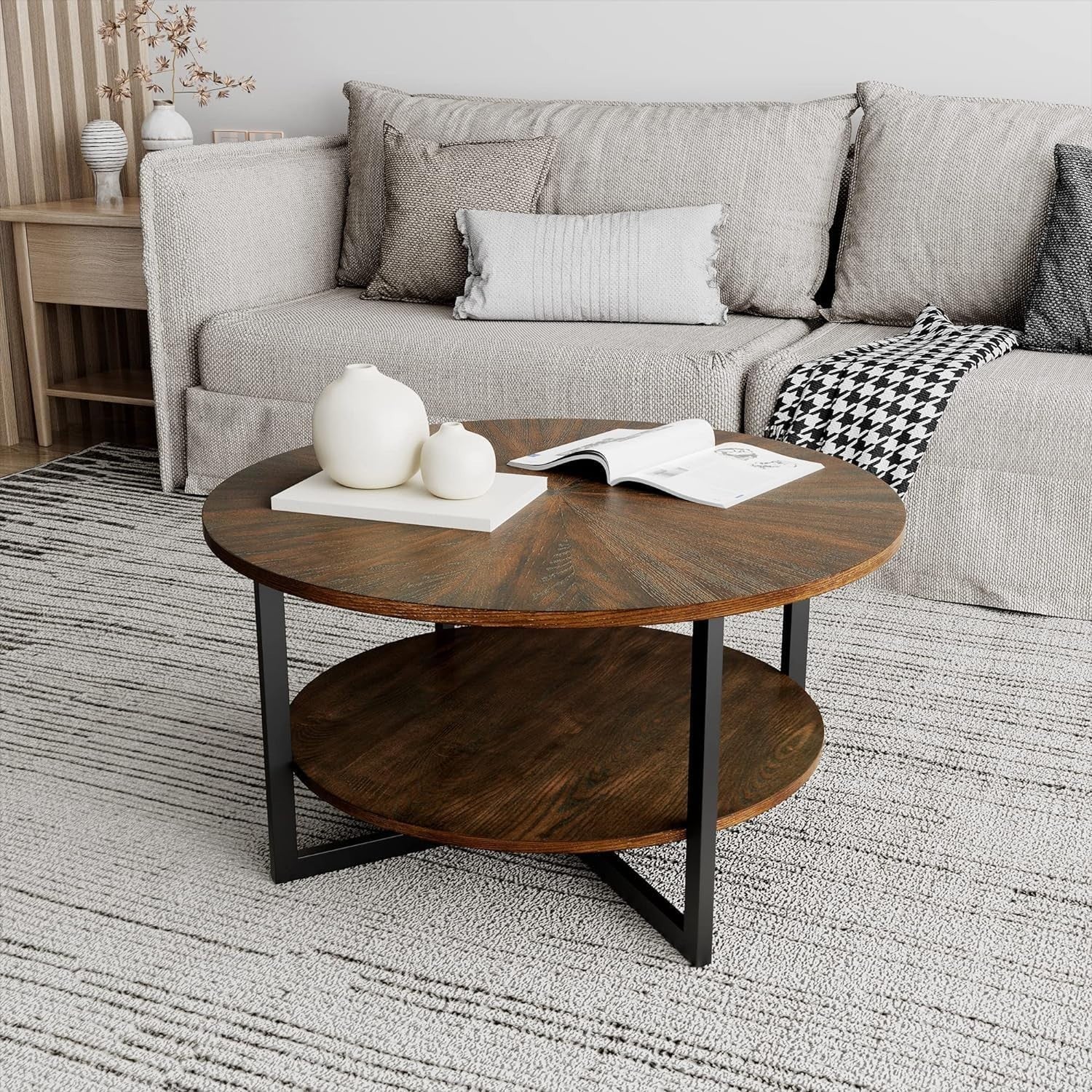 Round Coffee Table with 2-Tier Storage, Solid Wood & Metal Frame 85x45.3cm
