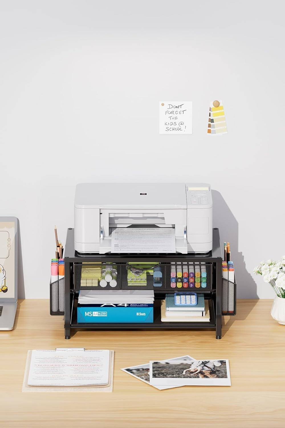 2-Tier Black Desktop Printer Stand with Drawer, Pen & Paper Organizer