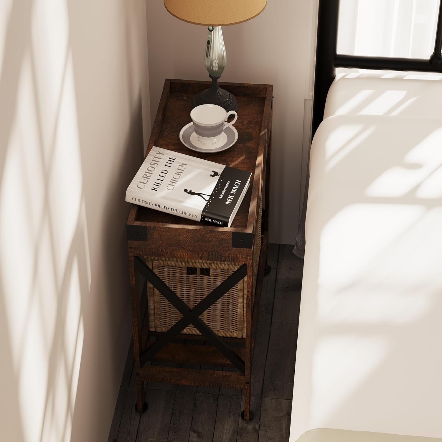Narrow Rustic Brown Side Table with Storage Shelf – Compact End Table