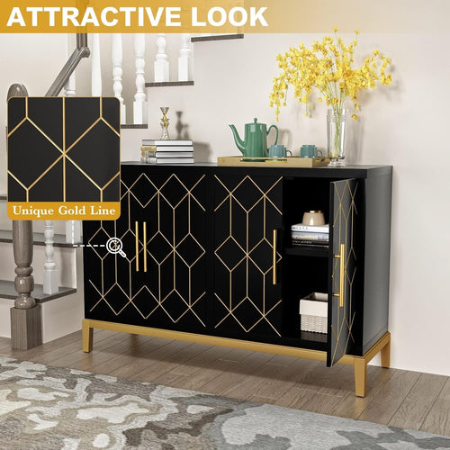 Black Sideboard Cabinet 4 Door Gold Trim Storage Unit for Hallway Room