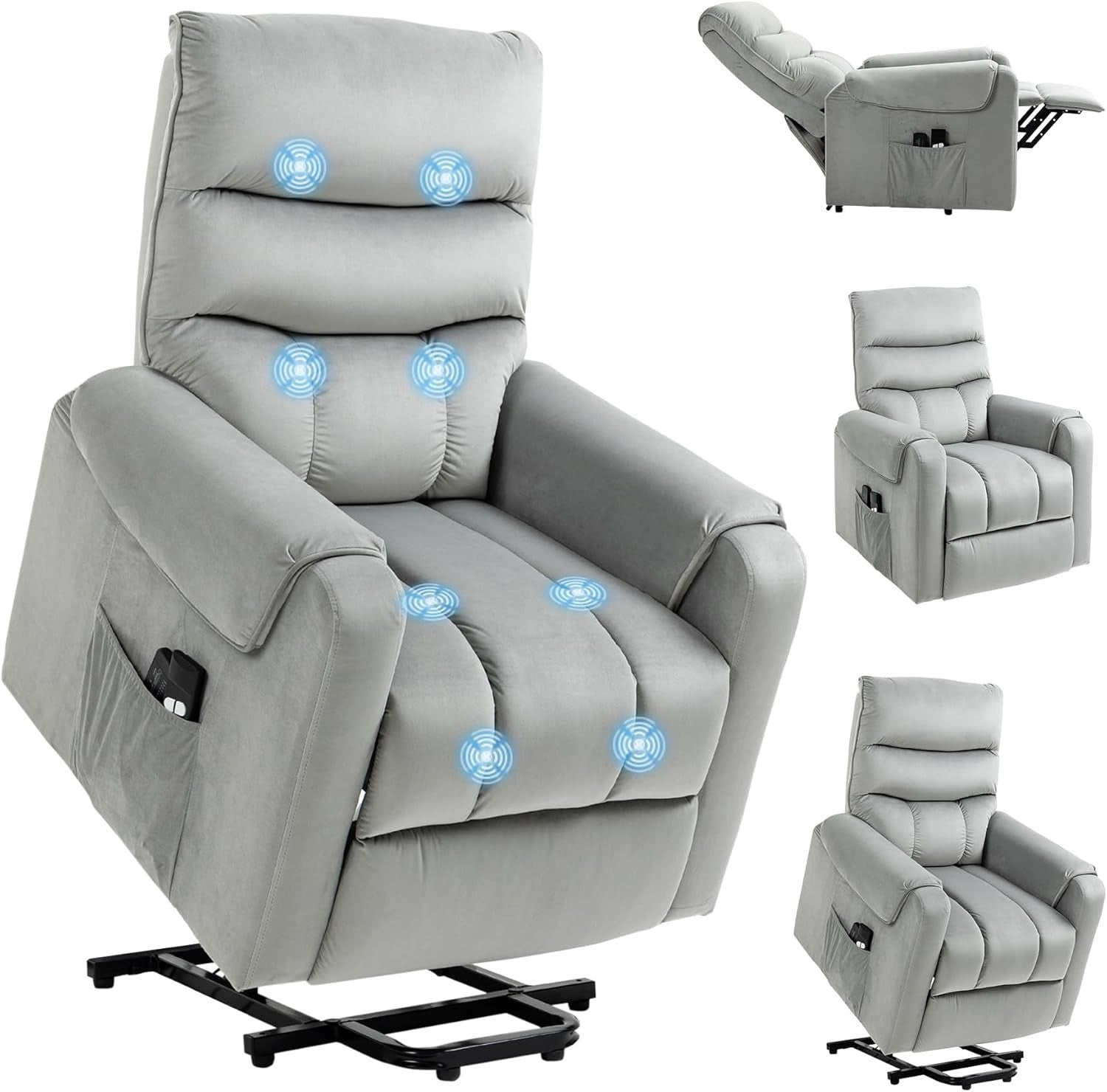Power Lift Recliner Chair Massage 135° Recline Velvet Upholstered Pockets Grey