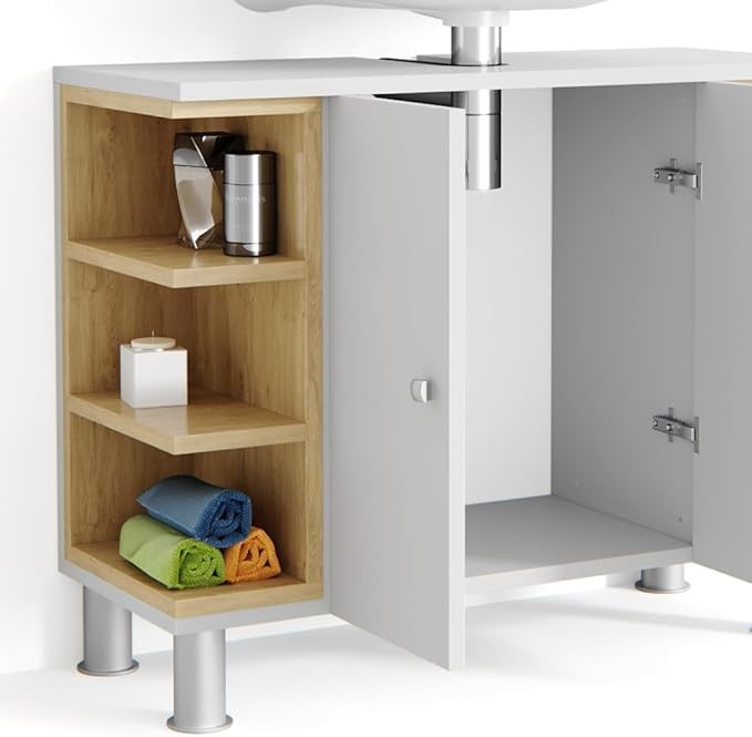 White Bathroom Sink Cabinet 79x64x32cm Oak Vanity Storage Unit with Shelves