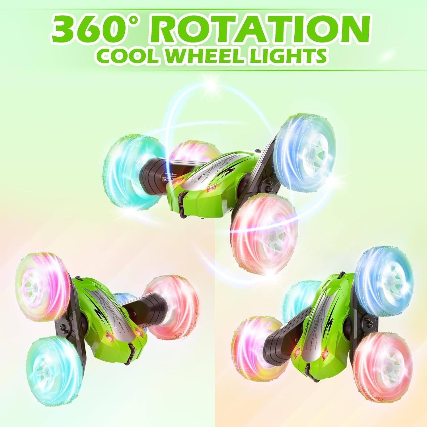 360° Flip RC Stunt Car Green LED Light Wheels 2 Batteries Remote Control Toy 6+