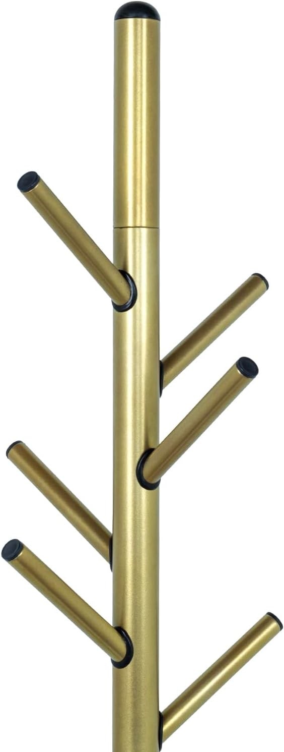 Modern Brass Metal Coat Rack with Umbrella Holder | 6 Hook Hall Stand