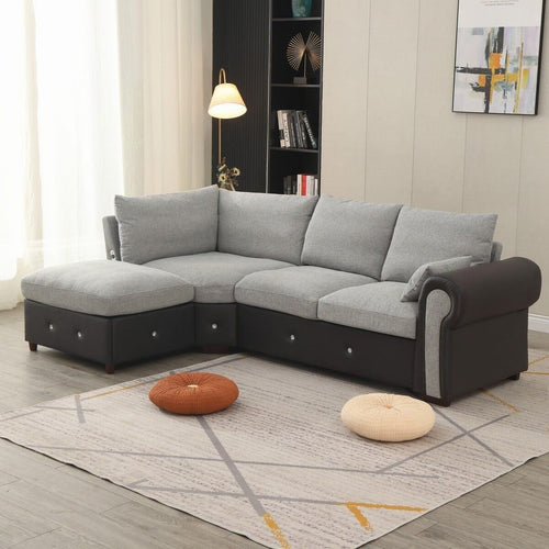 4 Seater Corner Sofa with USB Port & Chaise – Faux Leather Linen, Sturdy Frame