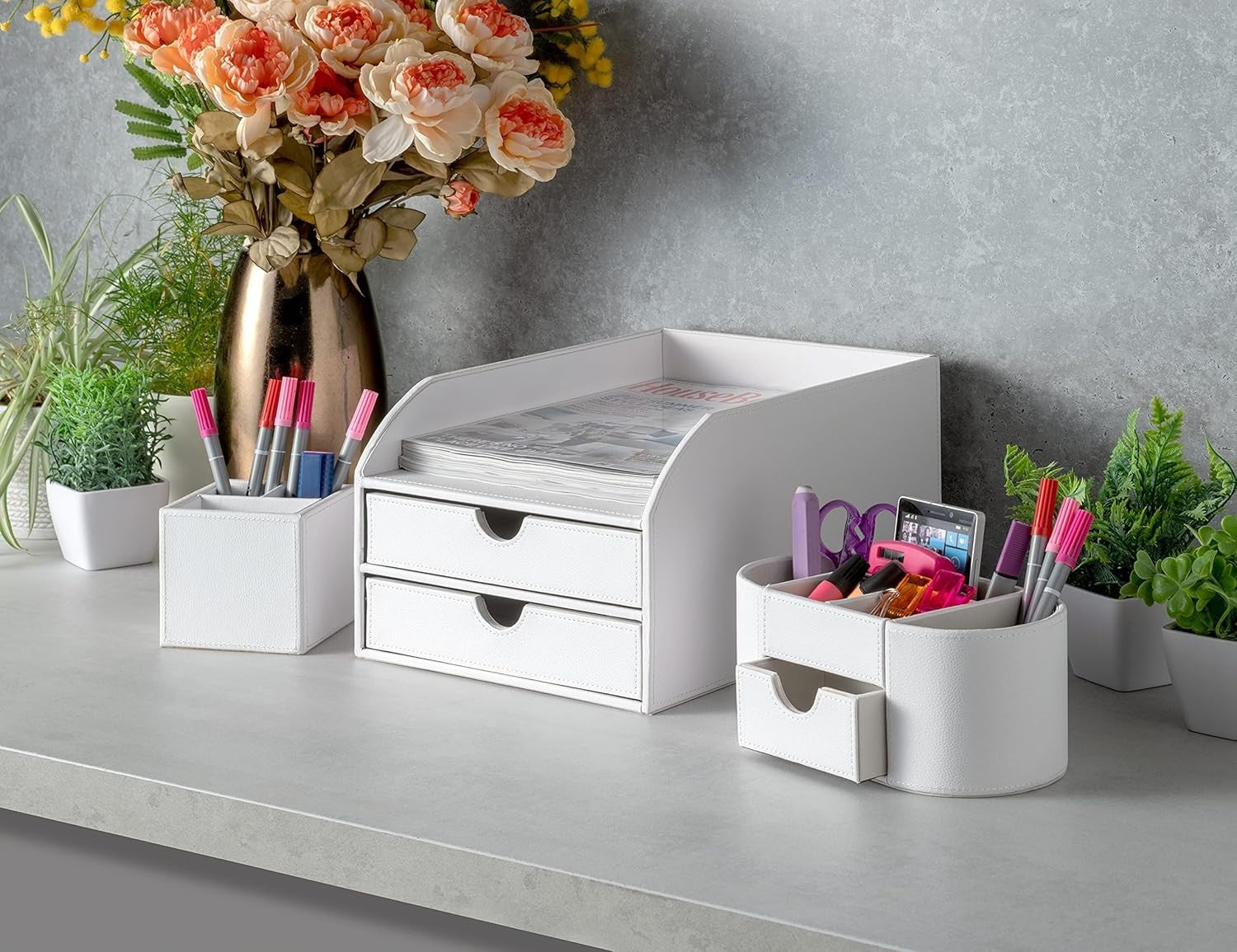 Faux Leather Desk Organiser with Drawer 6 Compartments Office Tidy