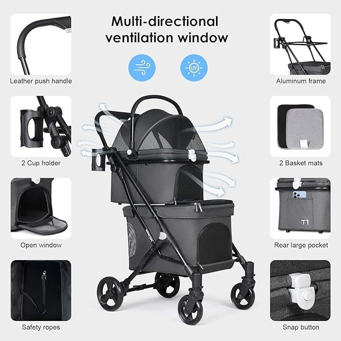 Double Pet Stroller 2 Tier Folding Dog Pram for Small Medium Dogs Cats