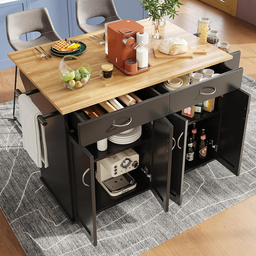 Mobile Kitchen Island Trolley with 5 Drawers, Adjustable Shelves & Spice Rack