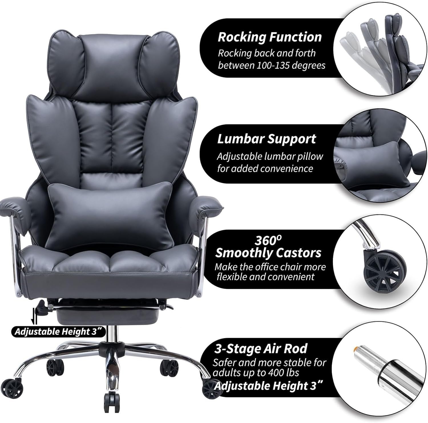 Executive Office Chair Large PU Leather Adjustable Desk Chair Footrest Heavy Dut