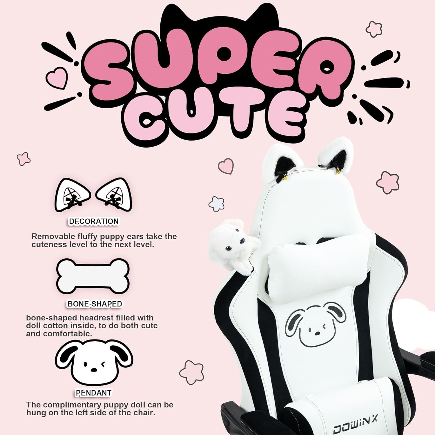 Cute Dog Ear Gaming Chair Massage Lumbar Footrest 290lbs White
