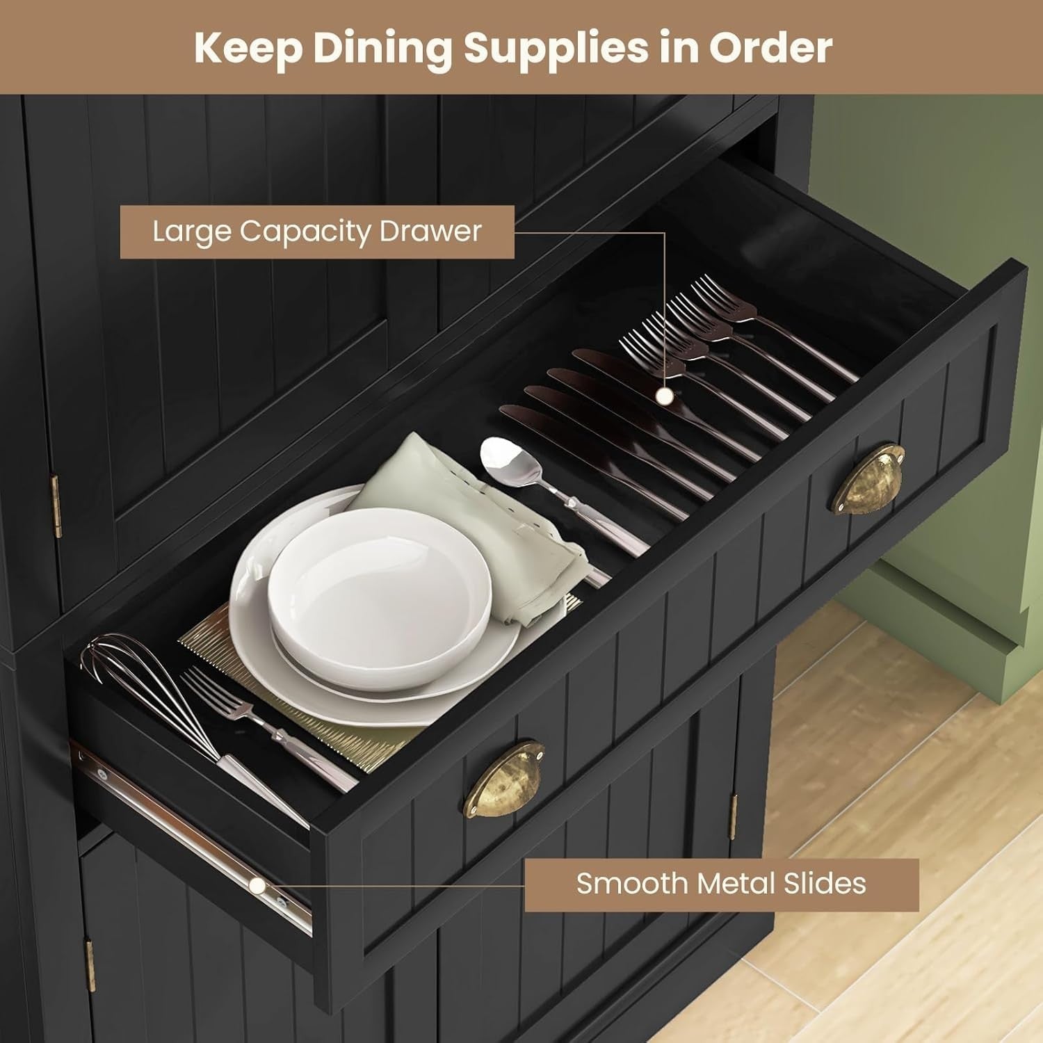 182cm Black Kitchen Pantry Cupboard | 4 Adjustable Shelves & 1 Drawer